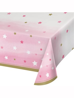 Creative Party pink table cover featuring twinkle little star design, perfect for birthday parties and celebrations.