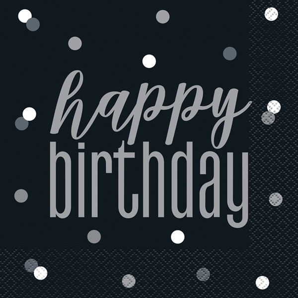 Black Glitz Happy Birthday Lunch Napkins 16pk