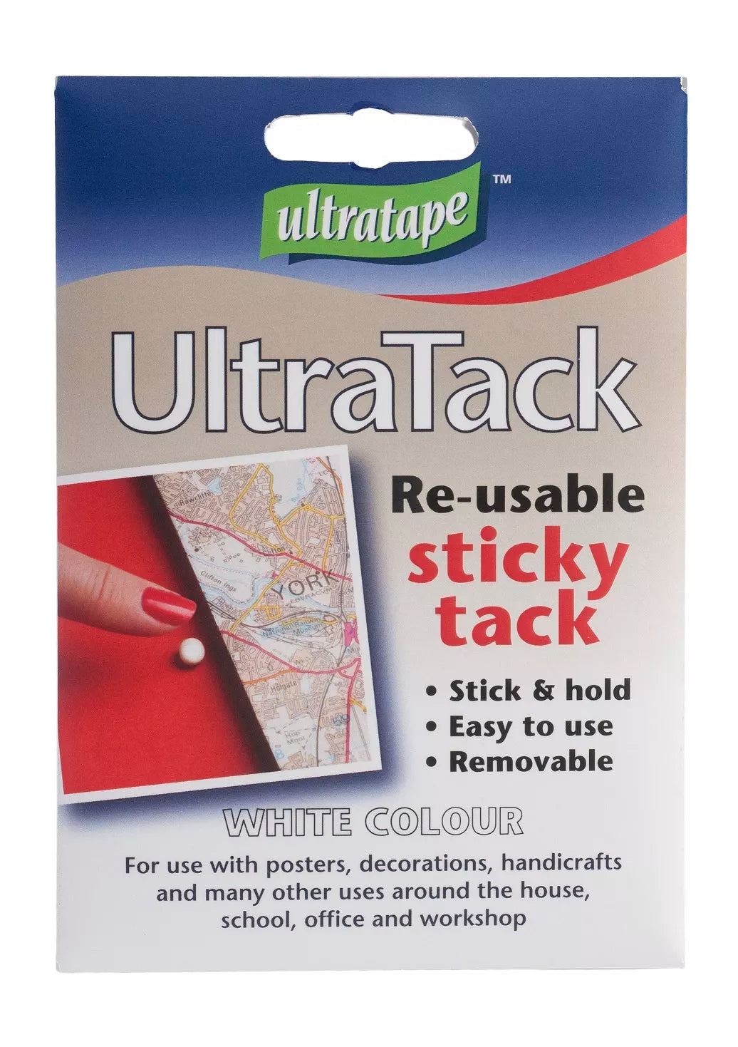 Ultratape White Tack tape, 50g, showcasing the roll of adhesive tape with a clean white surface and compact size.