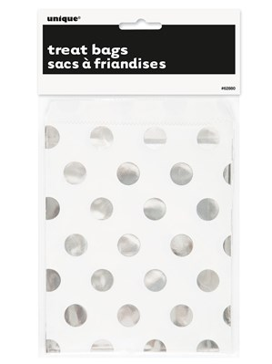 Set of eight Unique treat bags with silver polka dot design, perfect for gifting or packaging treats.