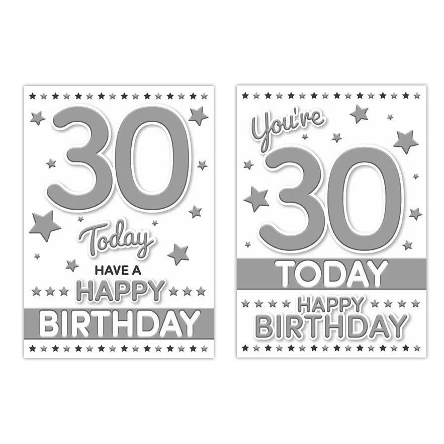 Poppyhill C50 birthday cards, age 30, 12-pack featuring colorful, festive designs for celebrating a 30th birthday.