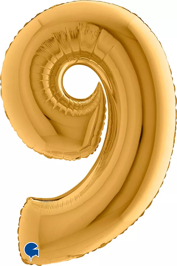 Gold Grabo foil balloon shaped as the number 9, 40 inches tall, shiny metallic finish for celebrations and special occasions.
