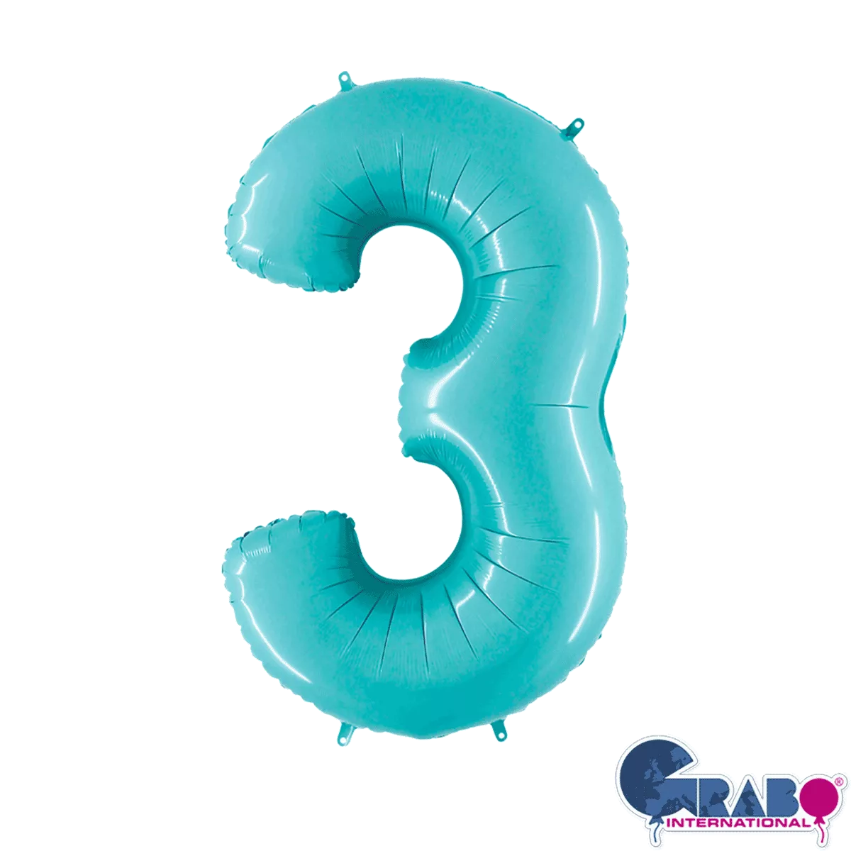 Pastel blue 26-inch Grabo foil number 3 balloon inflated and ready for celebration.
