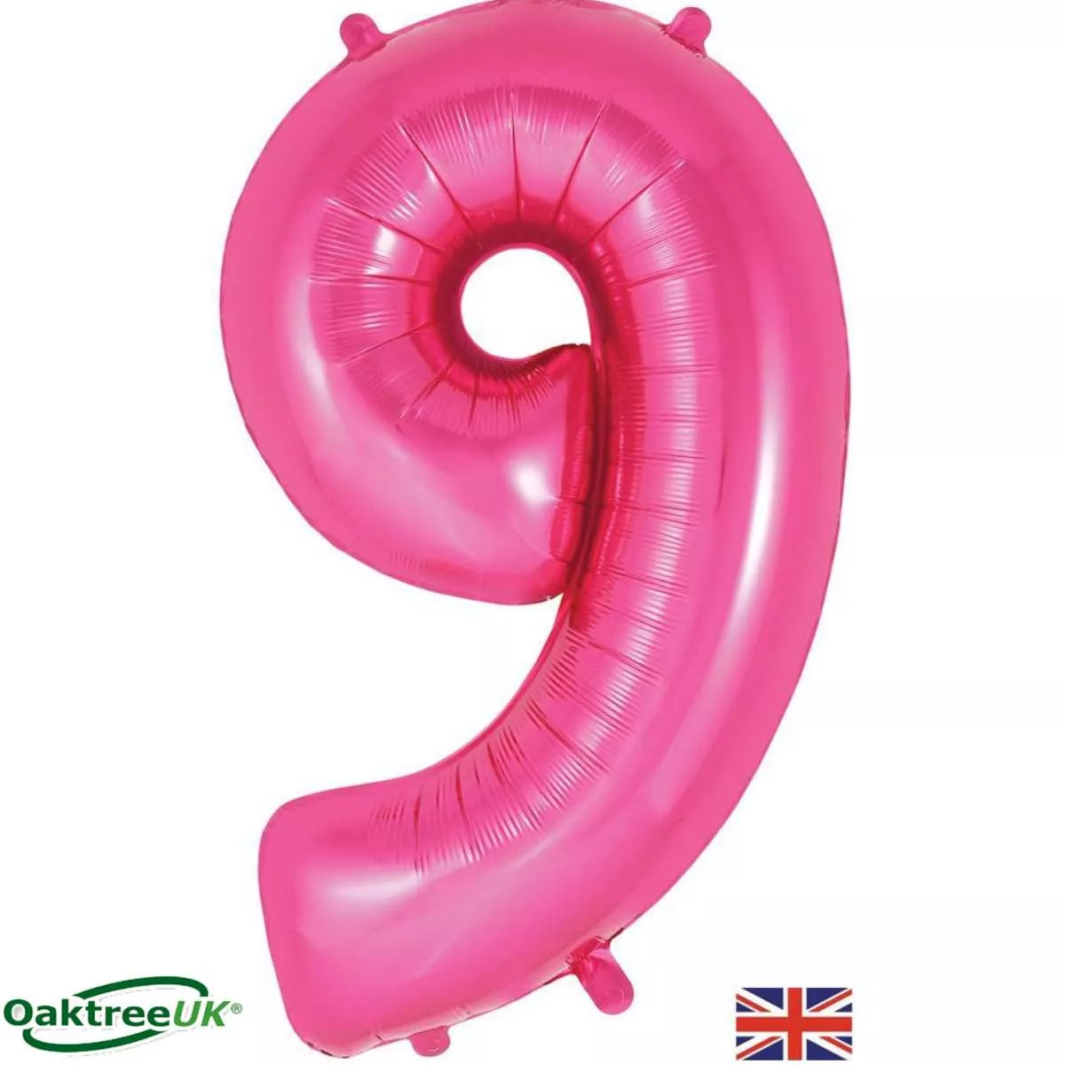 Pink Oaktree foil balloon shaped as the number 9, 34 inches tall, with shiny metallic surface and festive design.