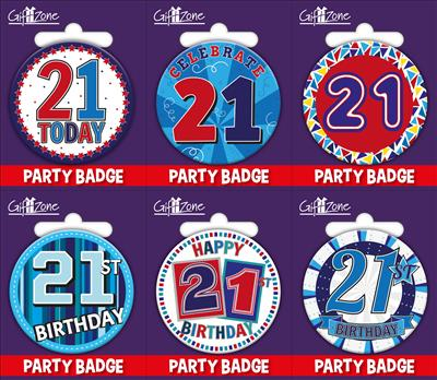 Six small Giftzone birthday badges with the number 21, perfect for celebrating a 21st birthday event.