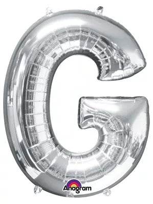 Silver 34-inch Anagram foil balloon in the shape of the letter G, shiny metallic finish, floating in the air.