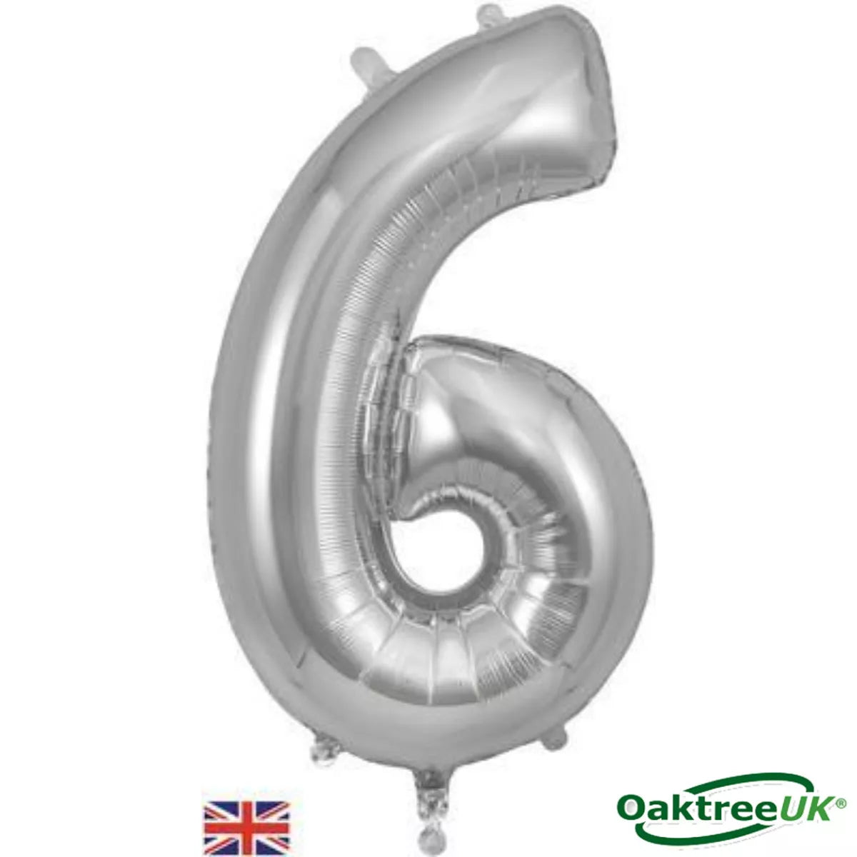 Oaktree silver foil balloon in the shape of the number 6, 34 inches tall, shiny and perfect for celebrations and parties.