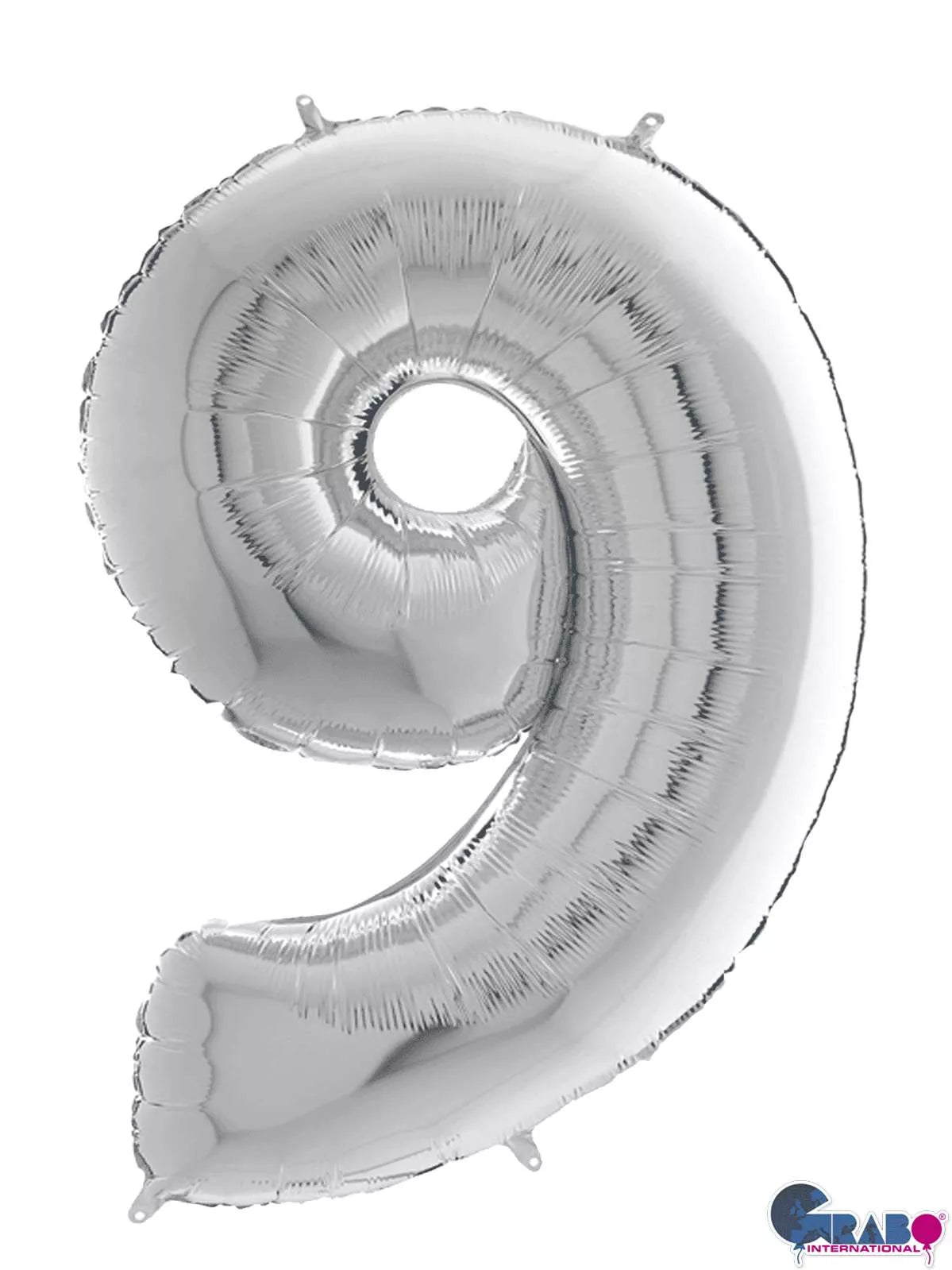 Silver Grabo foil balloon shaped as number 9, 26 inches tall, shiny metallic finish, perfect for celebrations and events.