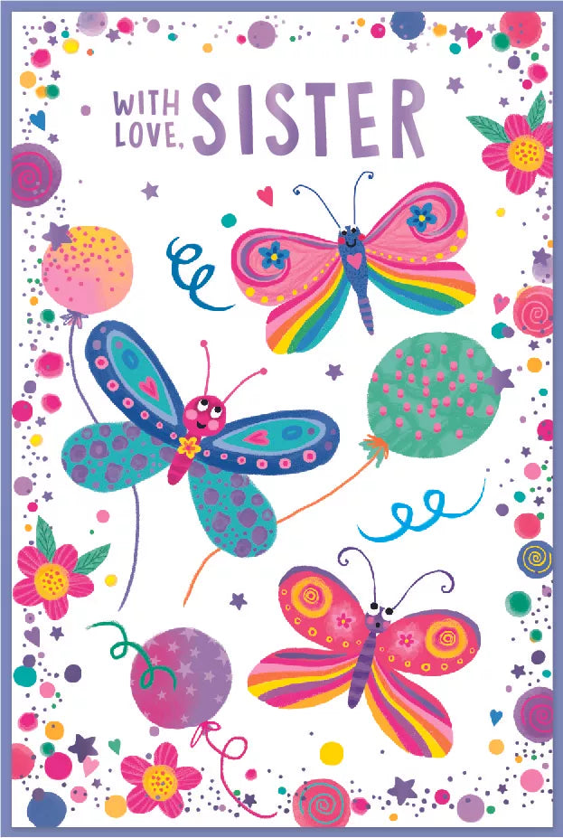Simon Elvin C75 birthday sister cards, set of 6 featuring colorful designs and festive messages for celebrating a special sister.