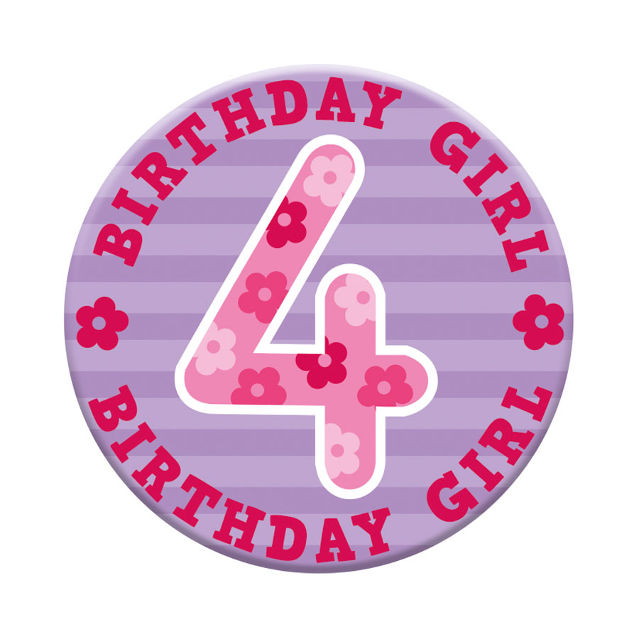 Six small Tiger Feet birthday badges displaying ages 4 in colorful designs for kids' celebration accessories.