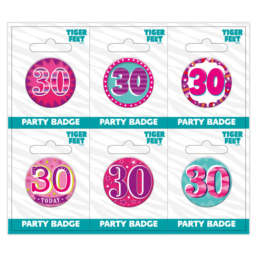 Six small Tiger Feet birthday badges displaying the age 30 in colorful designs on a white background.