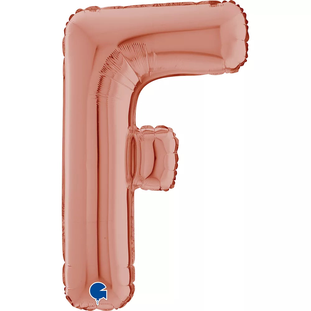 Grabo rose gold foil letter F balloon, 26-inch size, designed for celebrations and party decorations.
