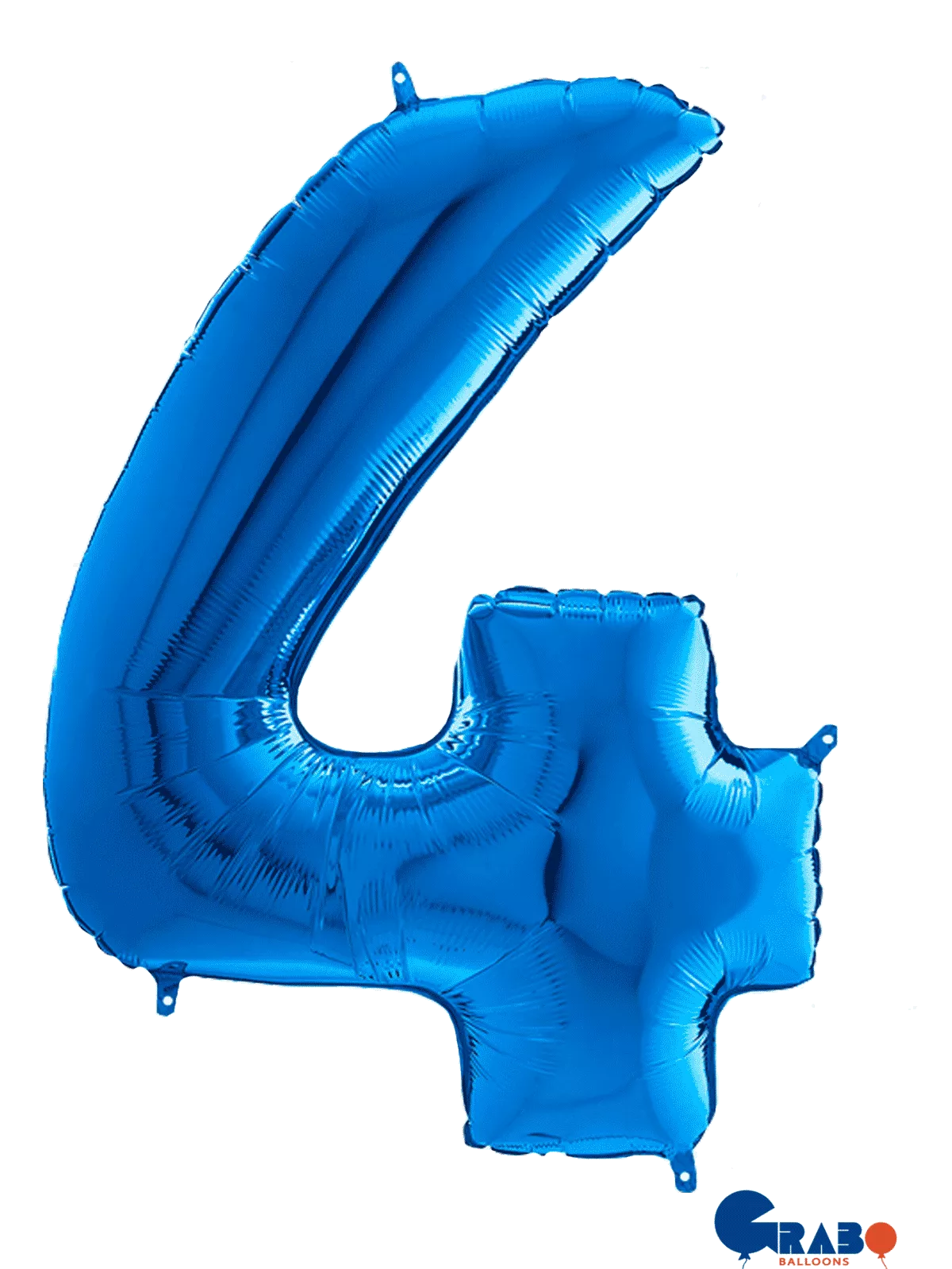 Blue Grabo foil balloon shaped as number 4, 26 inches tall, featuring shiny metallic surface for celebration decorations.