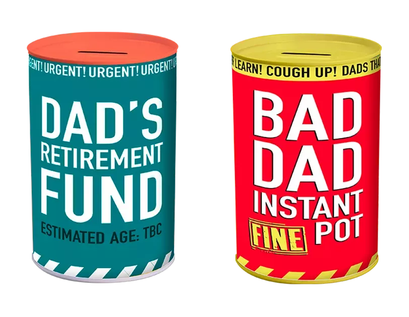 Gem Imports 2-pack money tins labeled "Dad" with secure lids, ideal gift boxes for cash or small valuables.