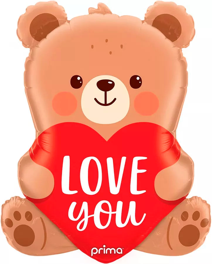 Prima Love You Bear foil balloon, 27-inch shiny gold foil balloon featuring a cute bear design with love message.