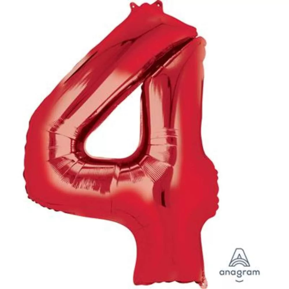 Red Anagram foil balloon shaped as the number 4, 34 inches tall, perfect for celebrations and party decorations.