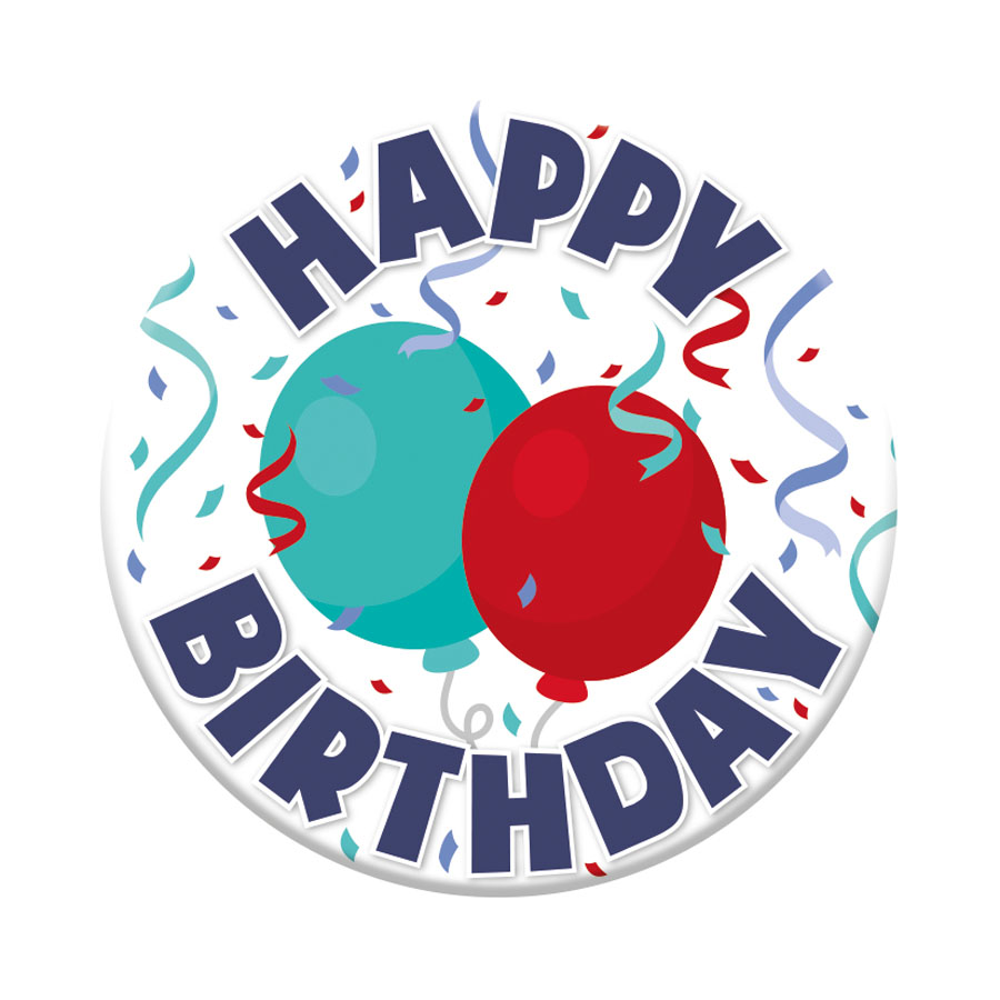 Six small birthday open badges by Tiger Feet featuring colorful designs on a white background.