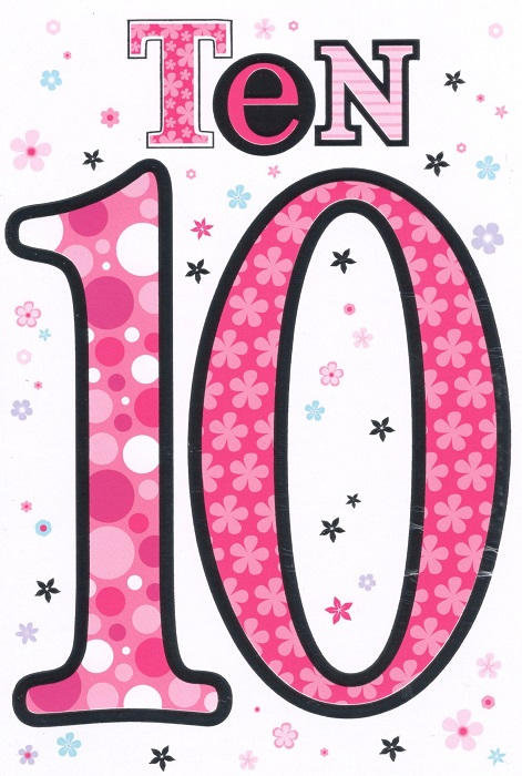 Six Simon Elvin birthday cards in a pack, featuring colorful designs and the number 10, for celebrating birthdays.