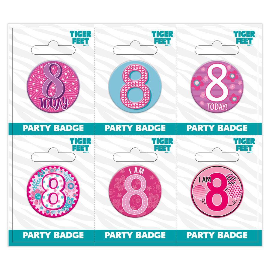 Six small Tiger Feet birthday badges featuring the age 8, perfect for party decorations and celebrations.