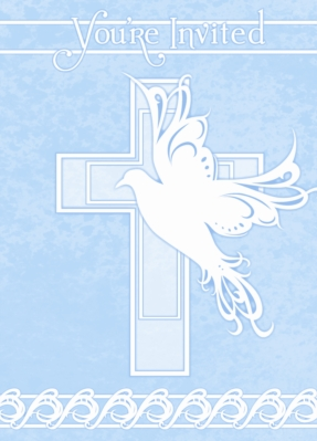 Blue Dove Cross invitations by Unique featuring elegant dove and cross design, ideal for religious or special event invitations.