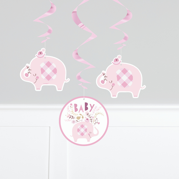 Unique Pink Baby Elephant 26" Hanging Swirls 3pk