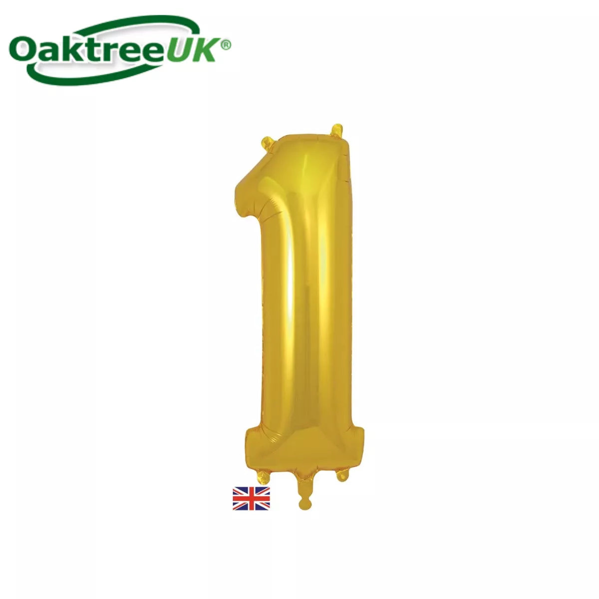 Gold Oaktree foil balloon in the shape of the number 1, 34 inches tall, featuring shiny metallic surface for celebration decorations.