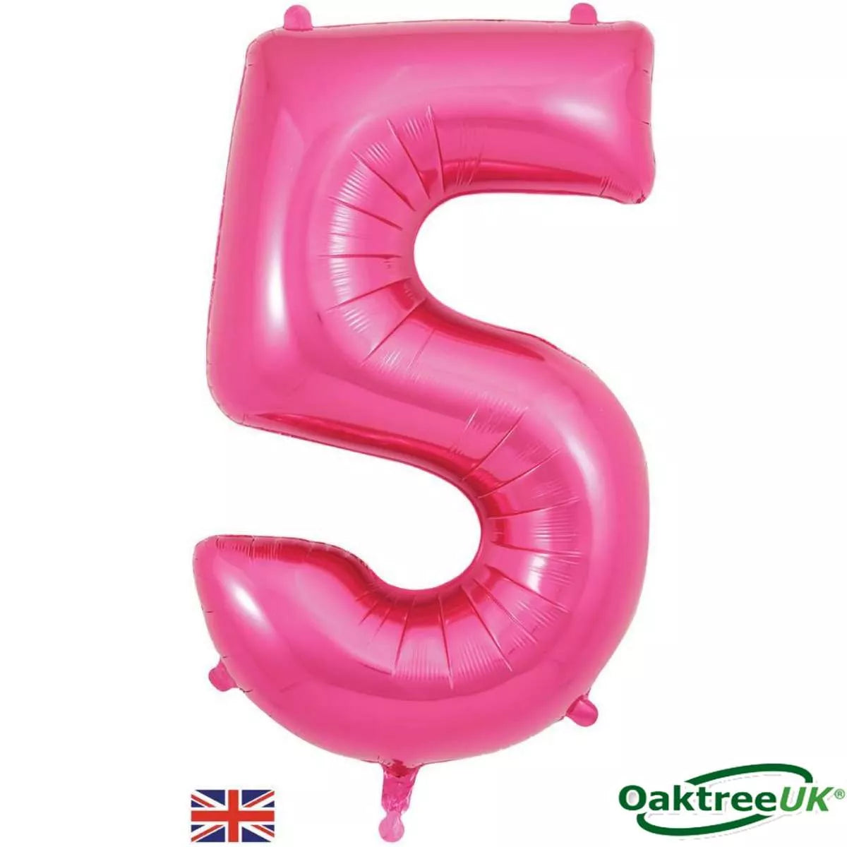 Pink Oaktree foil balloon shaped as the number 5, 34 inches tall, with shiny metallic finish for celebrations and parties.
