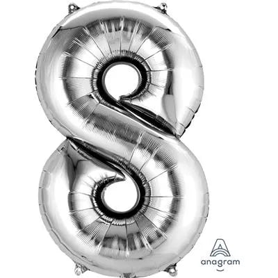 Silver Anagram foil balloon in the shape of the number 8, measuring 34 inches tall, perfect for celebrations.