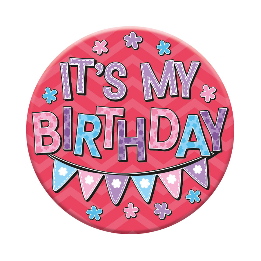 Six small birthday badges featuring open designs by Tiger Feet, perfect for celebration accessories.