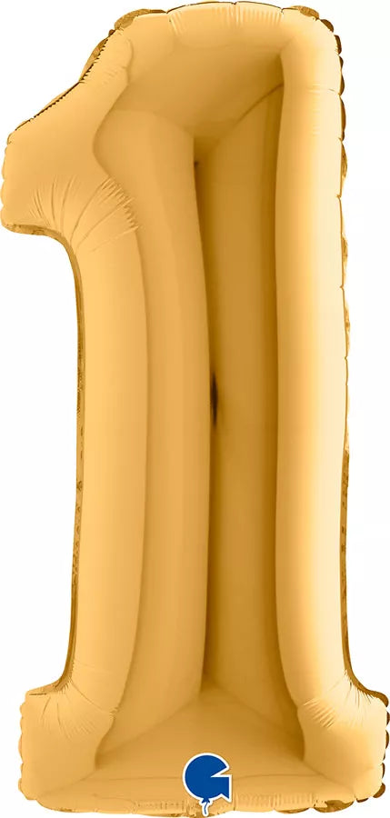 Gold Grabo foil balloon shaped as the number 1, 40 inches tall, shiny and festive for celebrations.