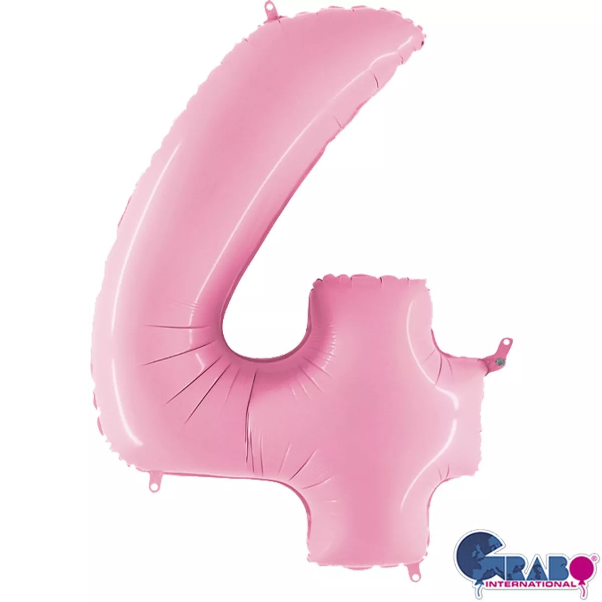 Pastel pink Grabo foil balloon shaped as the number 4, 40 inches tall, with shiny, reflective surface for celebration decorations.