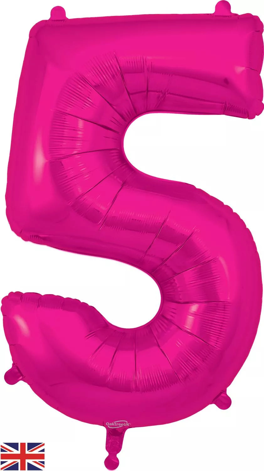 Pink Oaktree foil balloon shaped as the number 5, 34 inches tall, perfect for celebrations and party decorations.