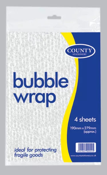 County Stationery bubble wrap sheet, 19cm x 28cm, 4-pack, protective plastic cushioning for packaging and mailing.