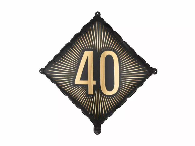 PartyDeco black and gold foil birthday balloon with "40" in large numerals, 18-inch celebration balloon on a plain background.
