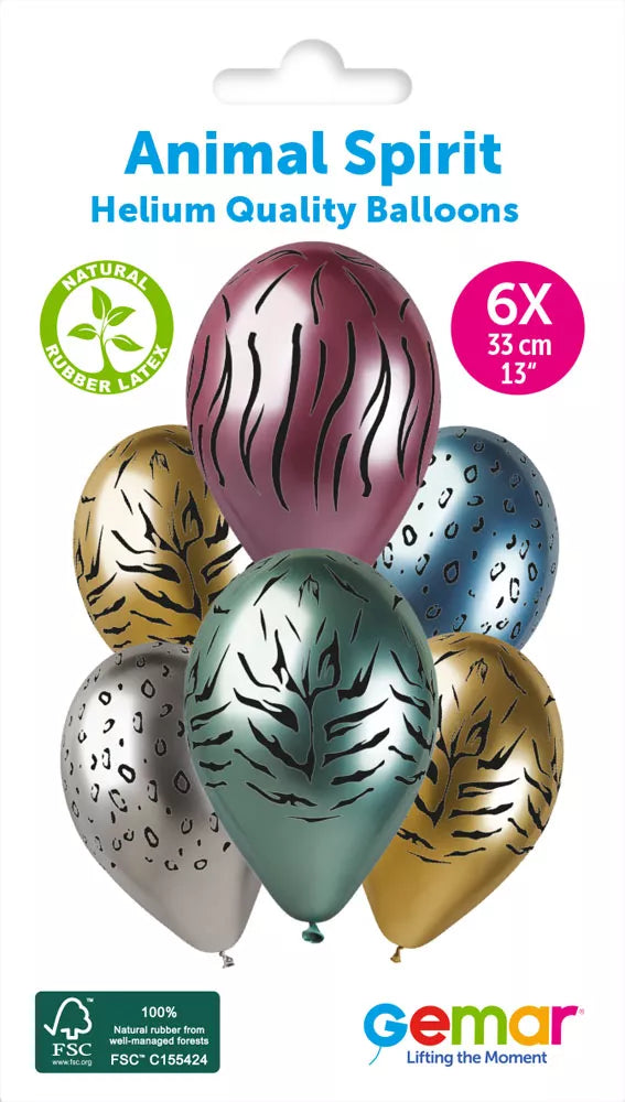 Six Gemar Animal Spirit 13-inch printed latex balloons featuring colorful animal designs for celebrations.
