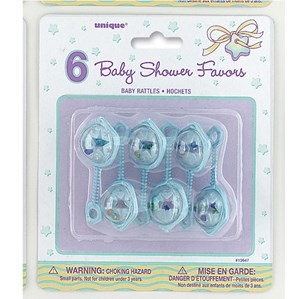 Unique 6 Pack Party Favours Mini Rattles Blue 2.5
