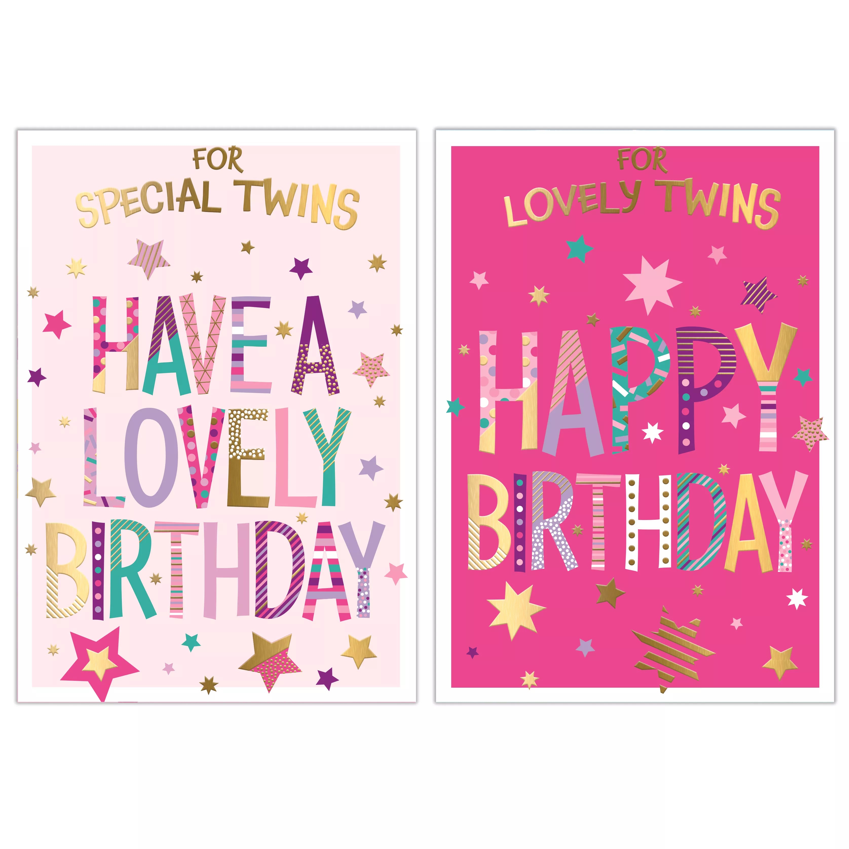 Poppyhill 12-pack of birthday cards featuring twin-themed designs, colorful illustrations, and cheerful messages for special occasions.