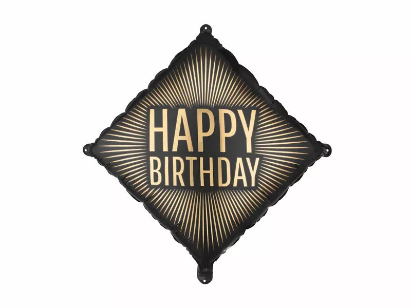 PartyDeco black and gold 18-inch foil birthday balloon filled with helium, featuring a shiny metallic finish and celebratory design.
