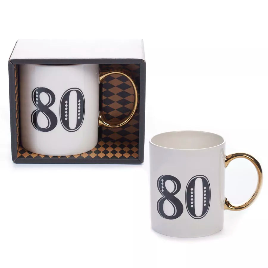 Tiger Feet mug featuring Age 80 Art Deco design, ceramic mug with colorful tiger and vintage style artwork.