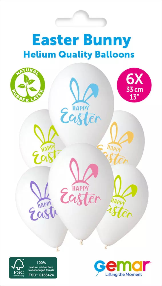 Six Gemar Easter Bunny 13-inch printed latex balloons with colorful bunny designs on a white background.