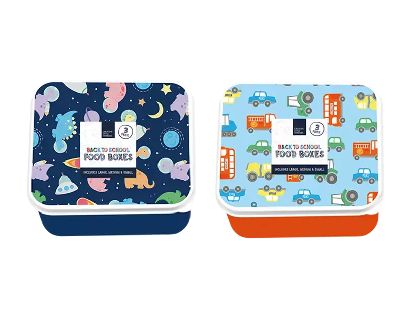 Set of three Gem Imports lunch boxes featuring cars, space themes, and dinosaurs in various sizes for kids' gifts.
