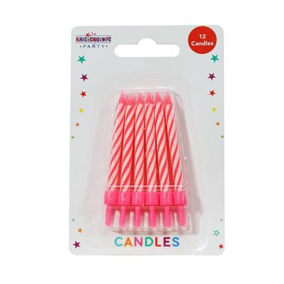 APAC pink striped party candles in a 36-pack, featuring six sets of six candles with colorful striped designs.