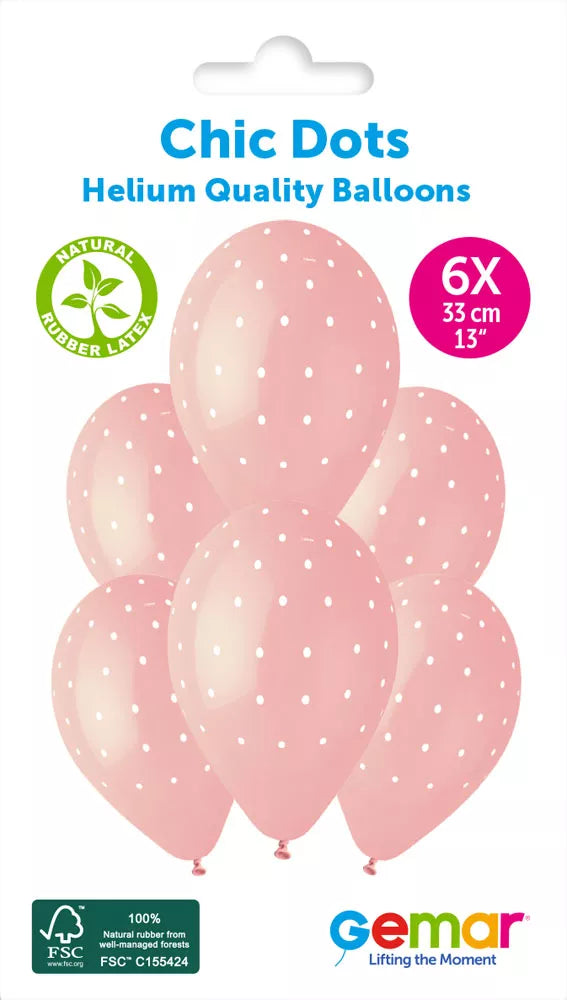 Six pink Gemar Chic Dots latex balloons with printed dot patterns, 13-inch size, ideal for celebrations and party décor.