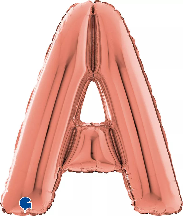 Rose gold Grabo foil balloon shaped as the letter A, 26 inches tall, with shiny metallic finish and letter A design.
