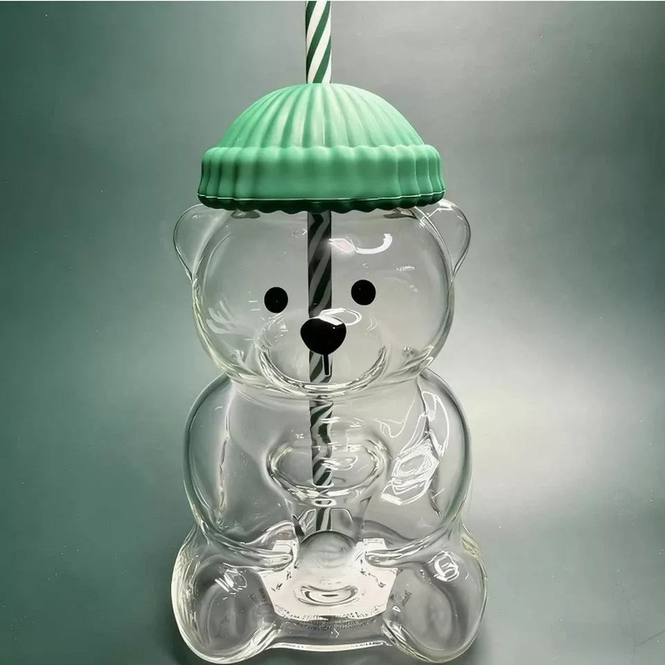 Clear glass coffee cup with bear design, 590ml capacity, suitable for hot beverages, from PMS International.