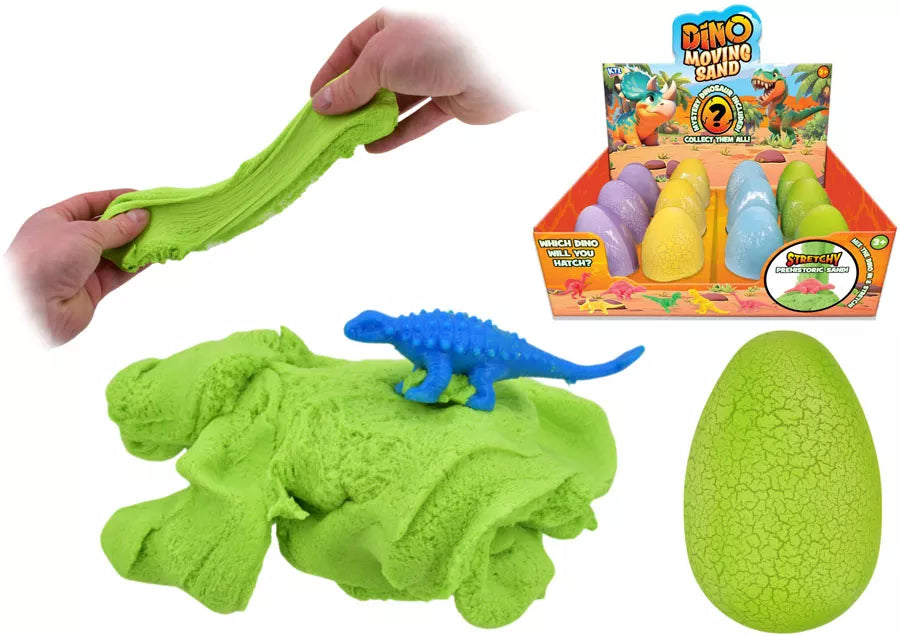 Moving Sand Dino Egg toy set by Kandy Toys featuring 12 colorful dinosaur-shaped sand eggs in a 100g pack.