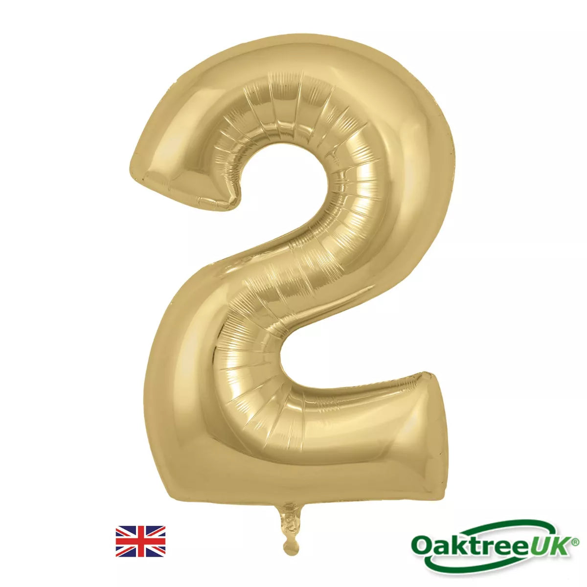 Oaktree foil balloon in gold, 34-inch number 2, shiny metallic finish, inflated and floating, perfect for celebration decorations.