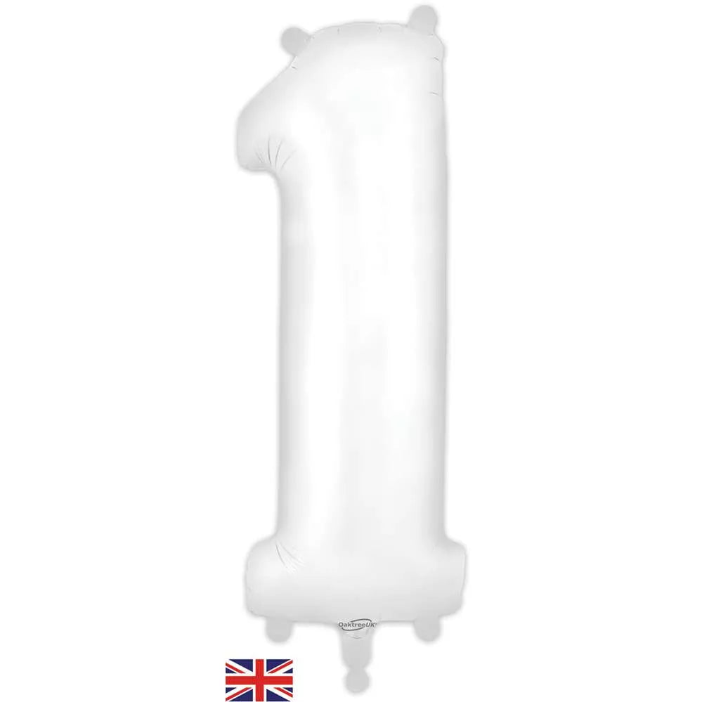Oaktree white foil balloon shaped as the number 1, 34 inches tall, with shiny metallic finish for celebration and decoration.