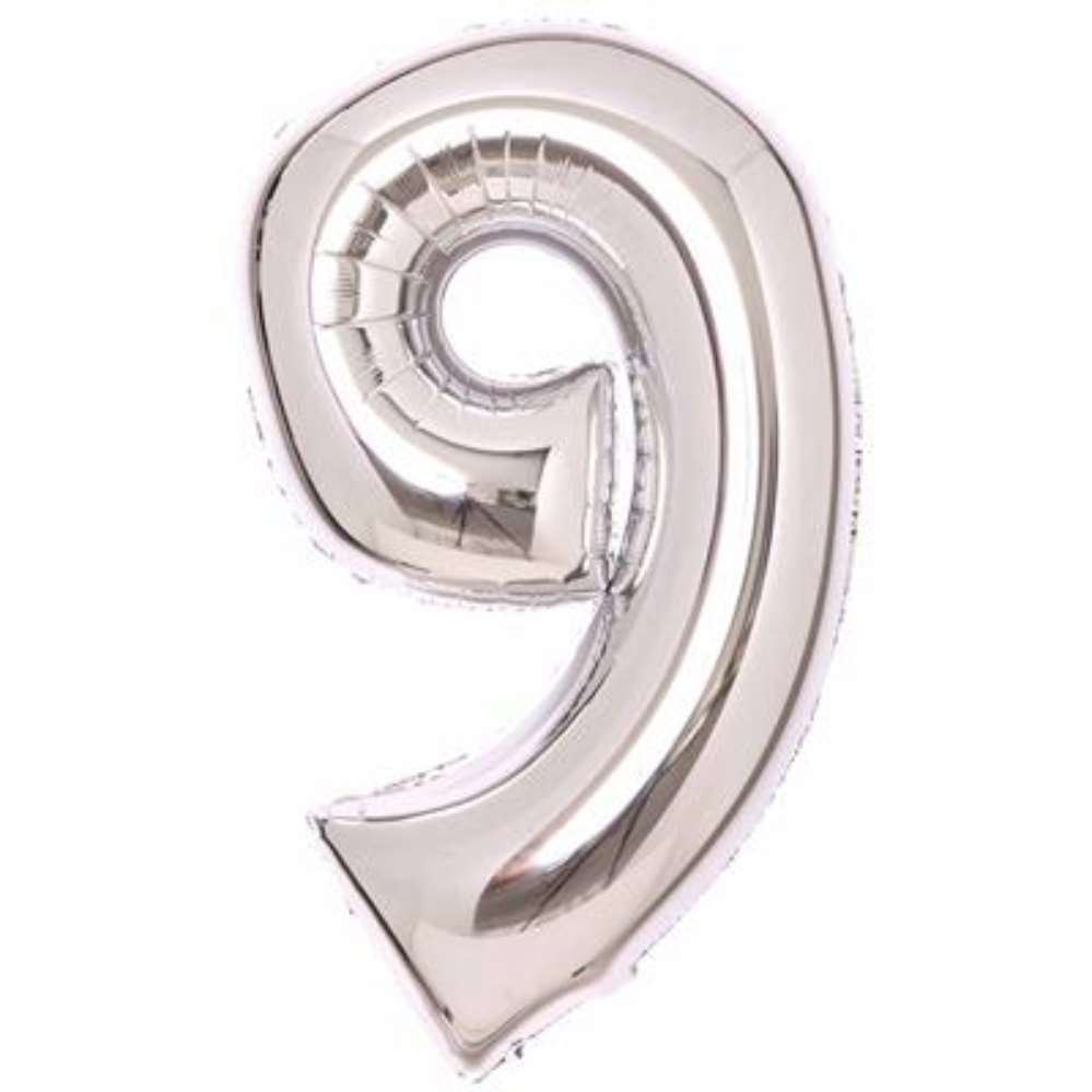 Silver 34-inch Anagram foil balloon in the shape of the number 9, shiny metallic finish, perfect for celebrations.