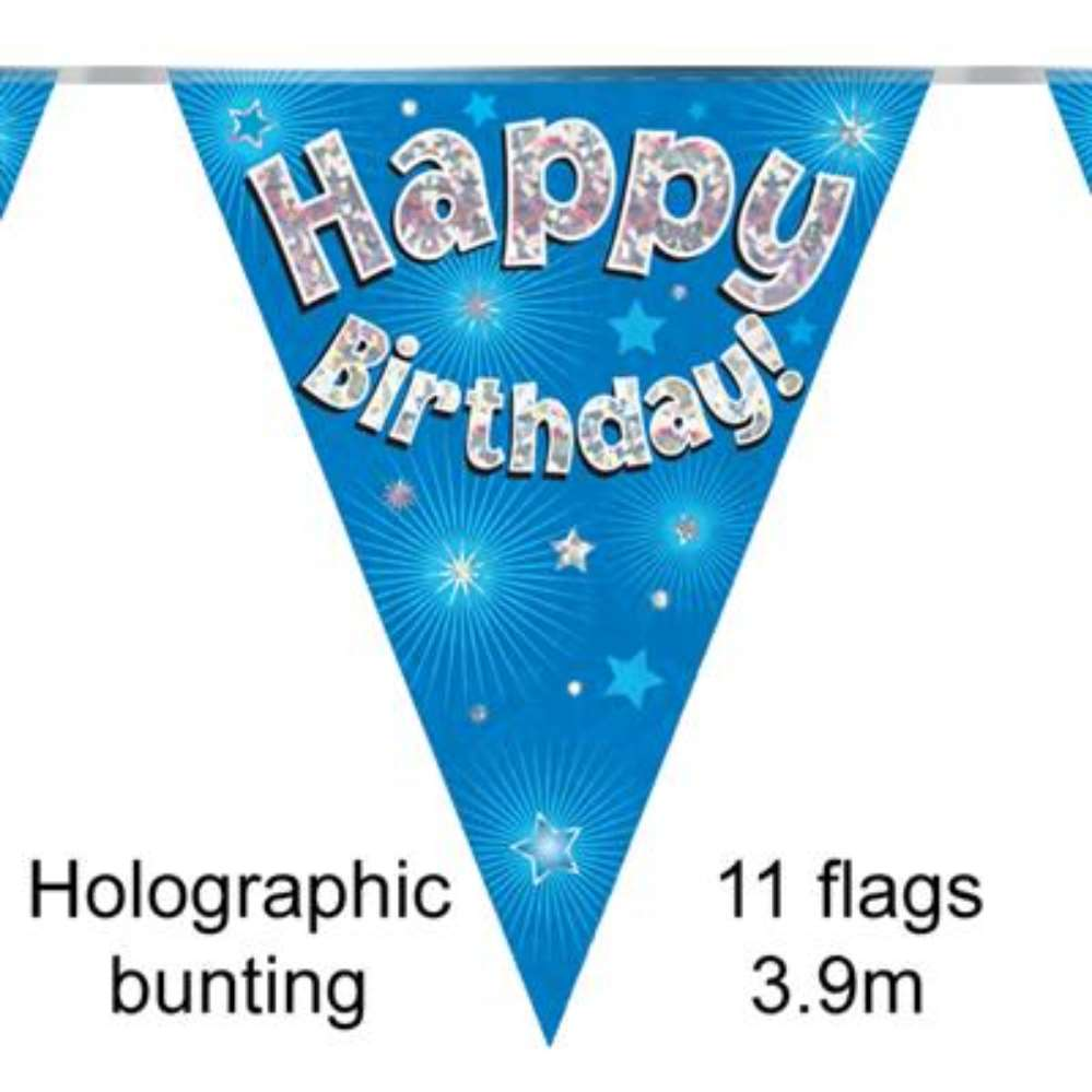 Bunting 11 Flags Blue Holographic Happy Birthday